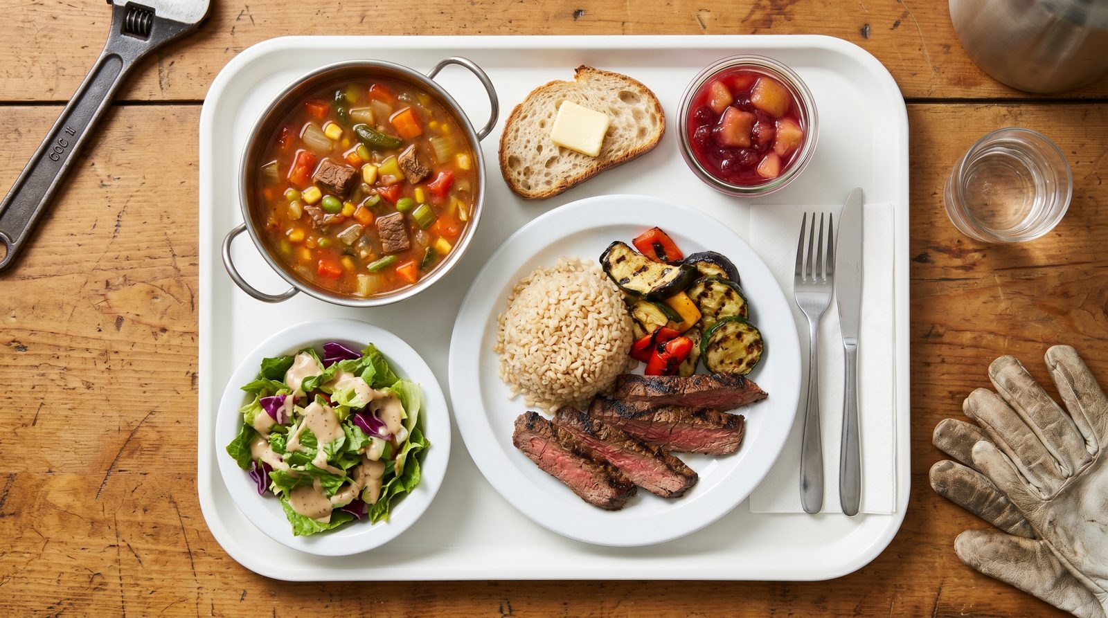 High-calorie meal set on a serving tray: flame-grilled steak, brown rice, charred vegetables, salad, soup and berry compote
