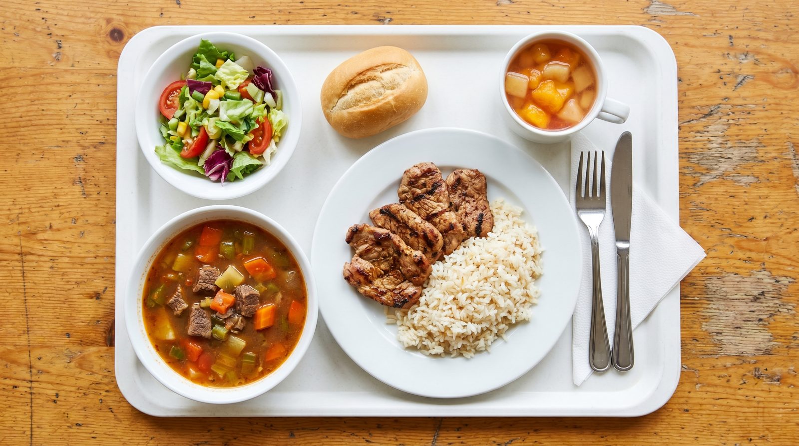 Standard worker meal set on a serving tray: beef and vegetable soup, grilled chicken with rice, fresh salad, bread roll and fruit compote